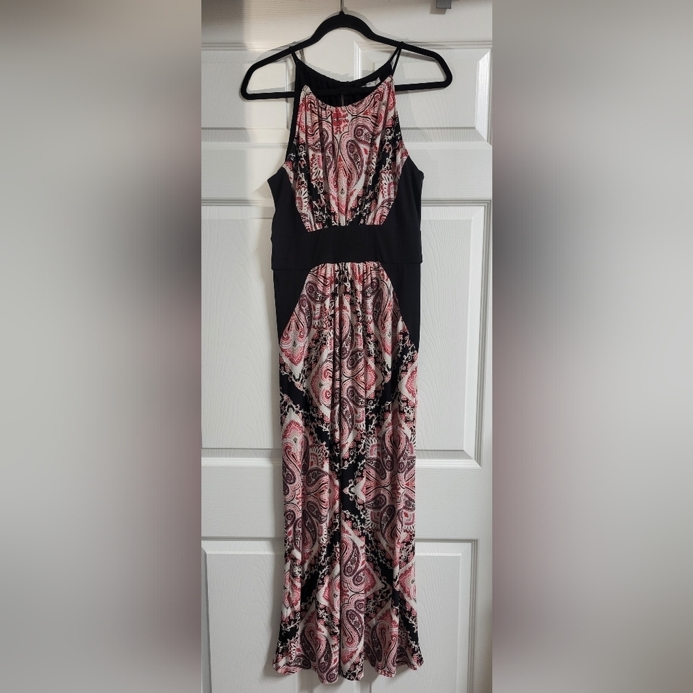 New York And Company Womens Elegant Black and Pink Paisley Maxi Dress - Size M - Picture 1 of 4